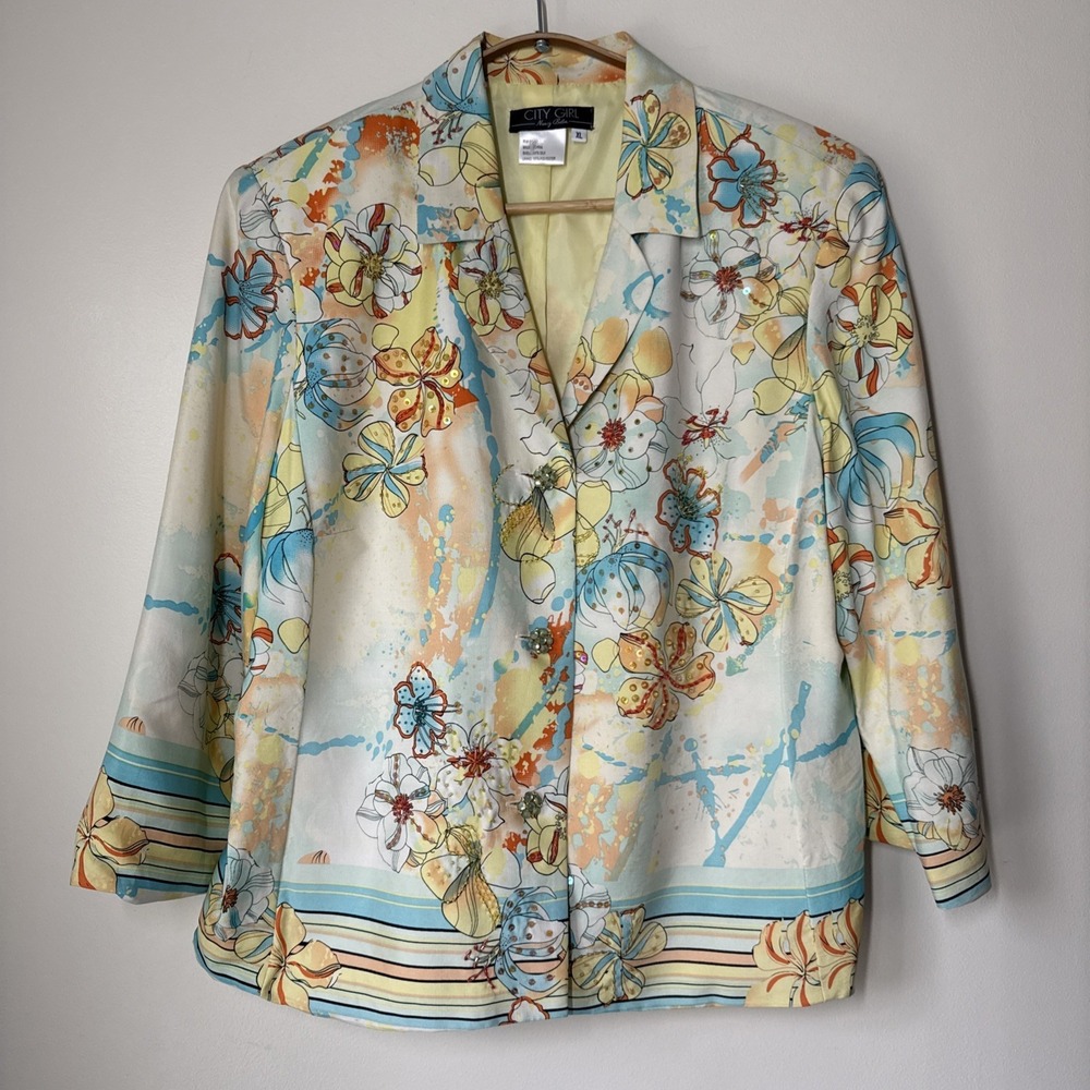City Girl Silk Blazer Jacket Yellow Bright Sequin Floral Womens Size XL Artsy